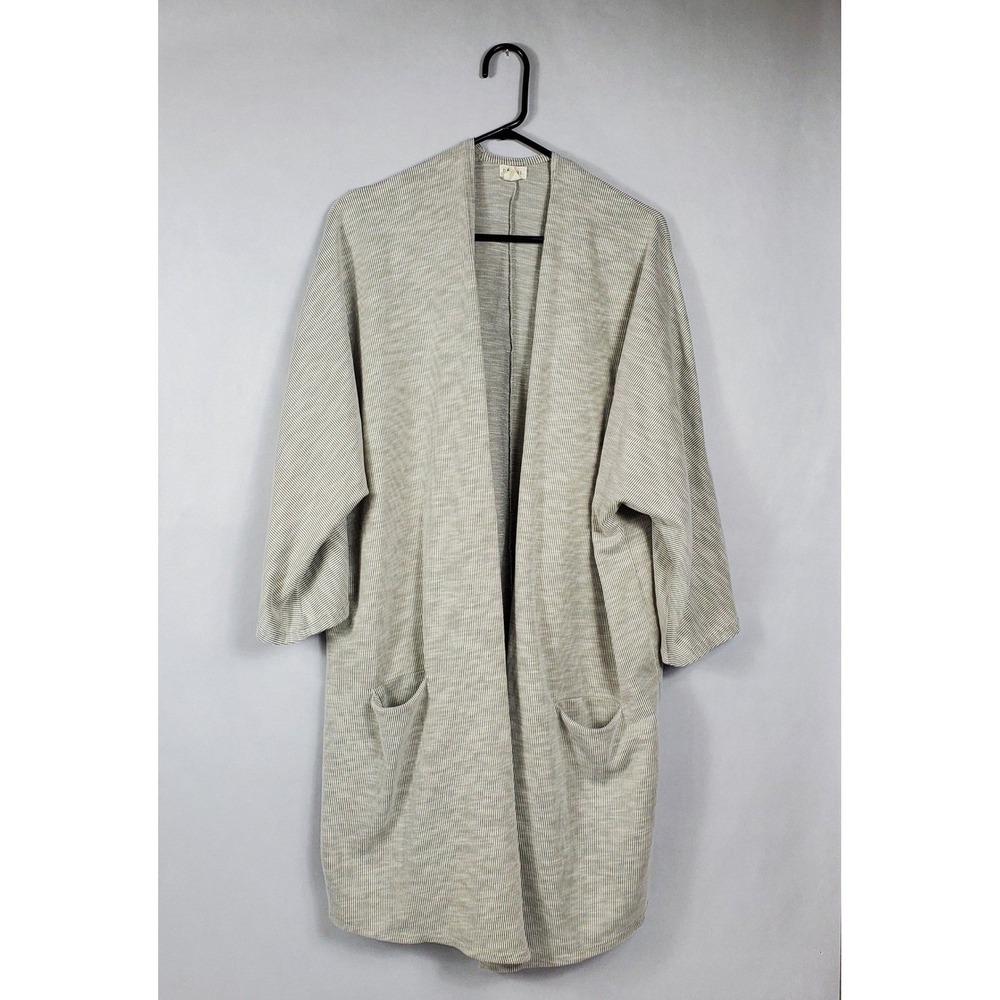 DONNI Grey Striped Open Front Cardigan Pockets OSFA Plus Women's Long Sleeve